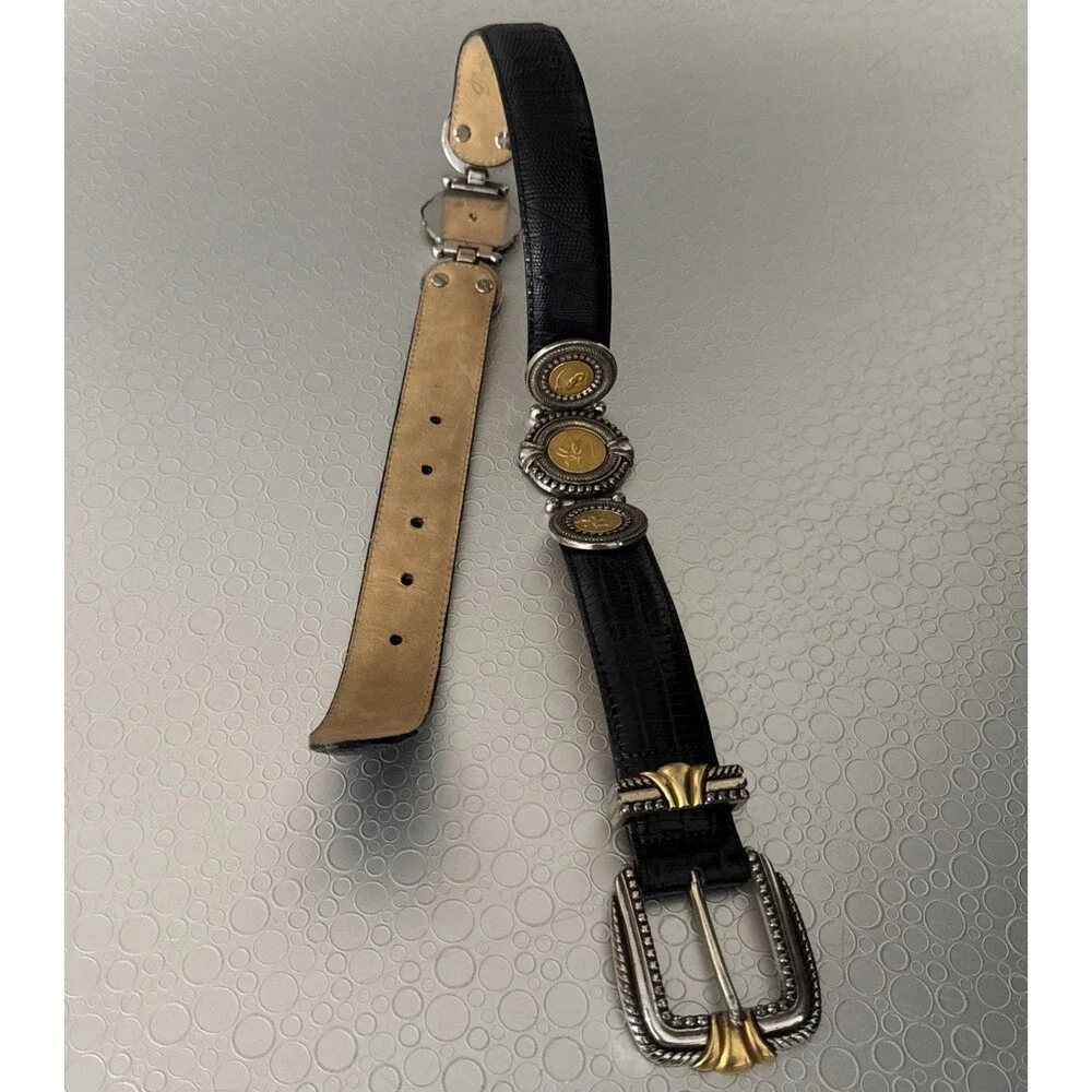 Vintage Brighton Museum Collection Golden Coins Leather Belt Black Croc S 37903